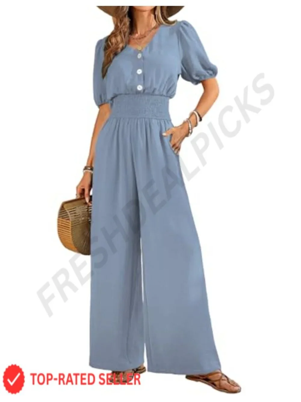 Wide Leg Jumpsuit with Pockets - Dressy Casual V-Neck Romper